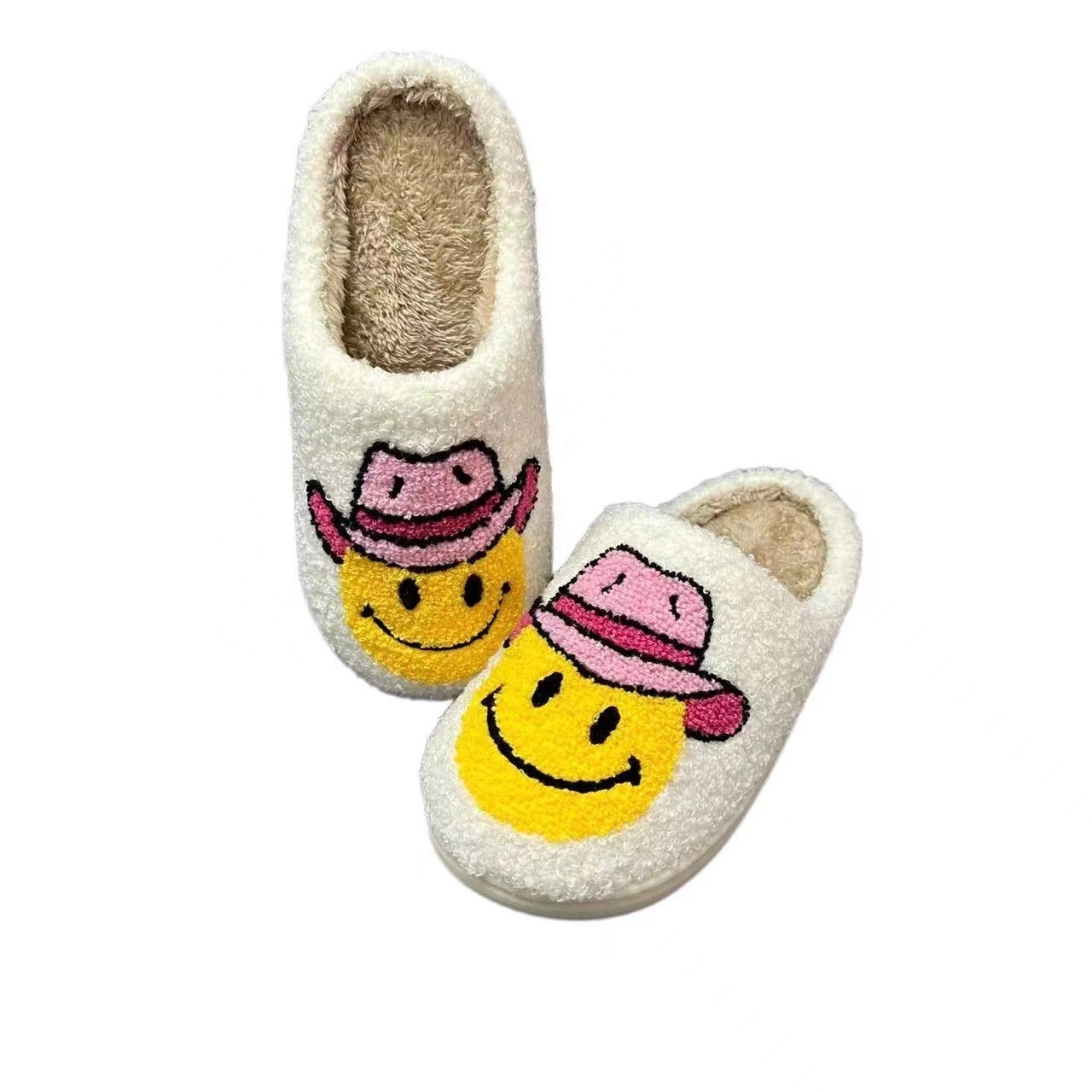 Wholesale smile happy  face with hat slippers ladies winter indoor fuzzy warm furry home house cute bedroom pantoufle slippers