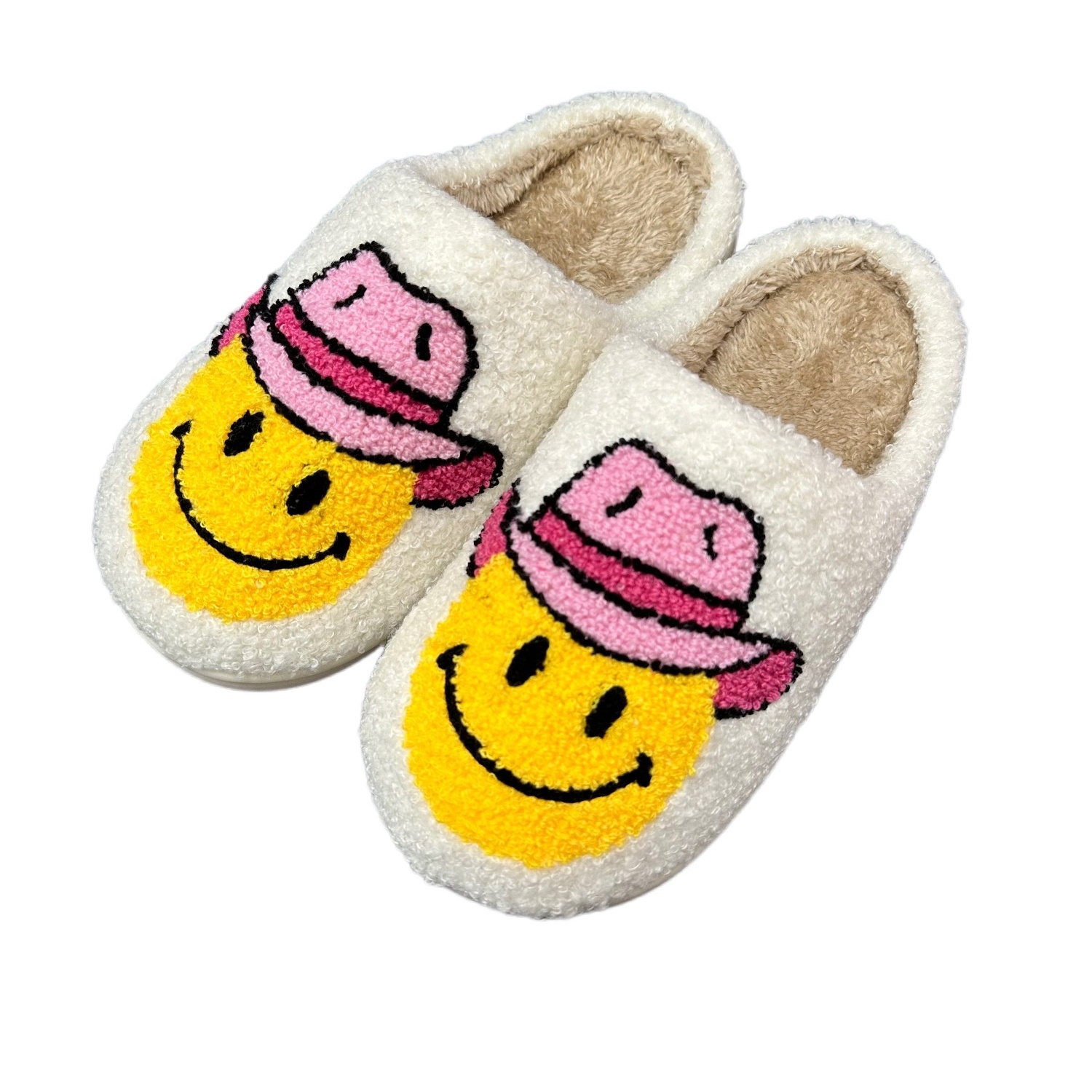 Wholesale smile happy  face with hat slippers ladies winter indoor fuzzy warm furry home house cute bedroom pantoufle slippers