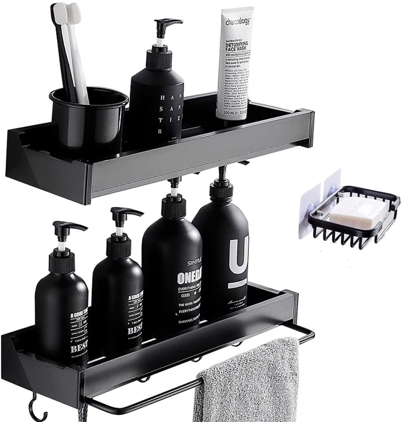 2 Pieces Black Shower Caddy With 1 Soap Holder Wall Mounted Bathroom Shelf Rack Bathroom Towel Racks For Beauty Organizer