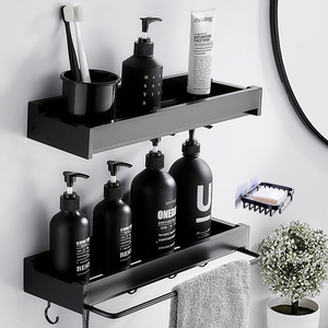 Adhesive Black Bathroom Basket Shelves with Hooks Shower Caddy Shelf Organizer 2Pack with 1 Soap Dishes