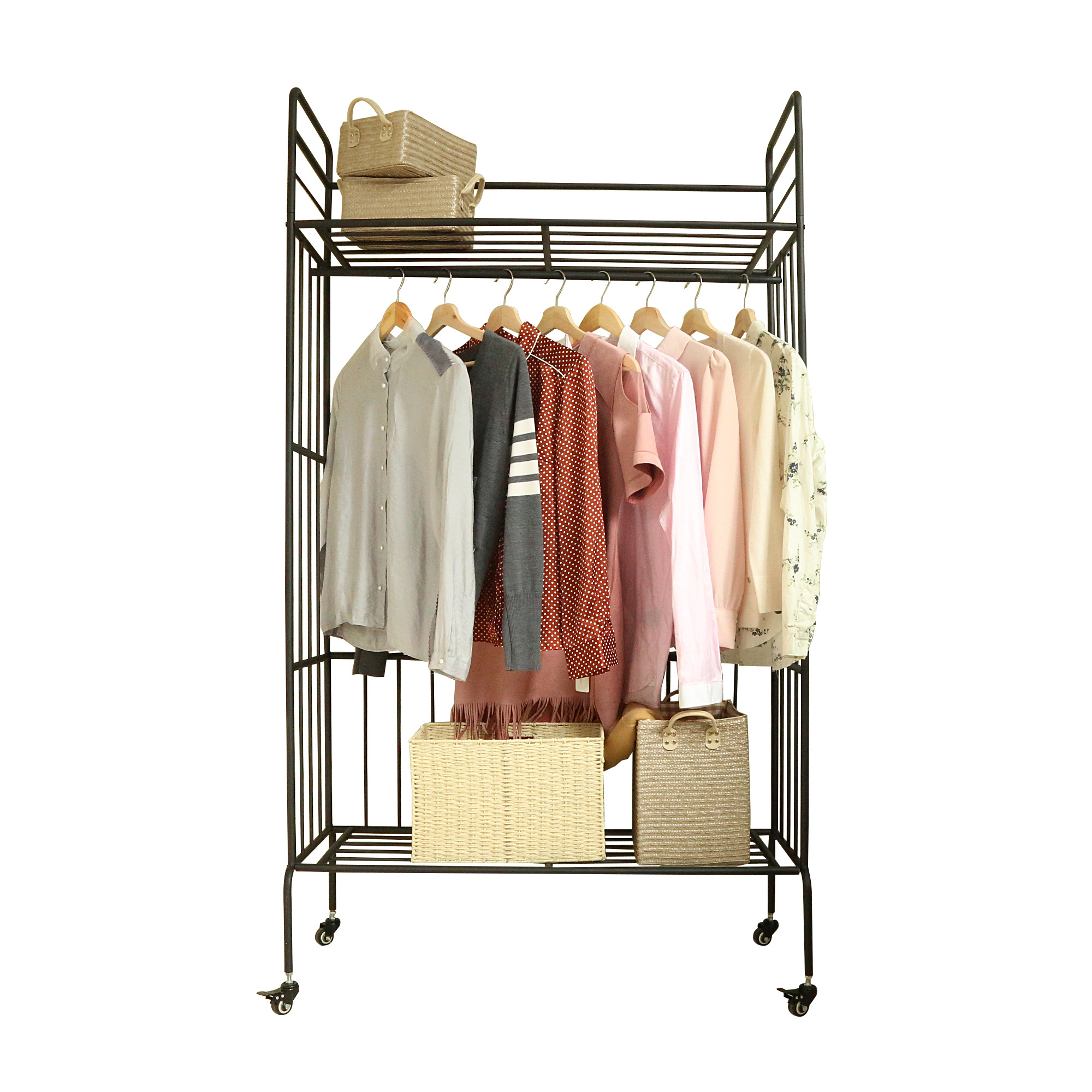 BOGER Storage Clothes Rack with Wheels Double Rails Clothing Rack for Indoor Bedroom Clothes Rack