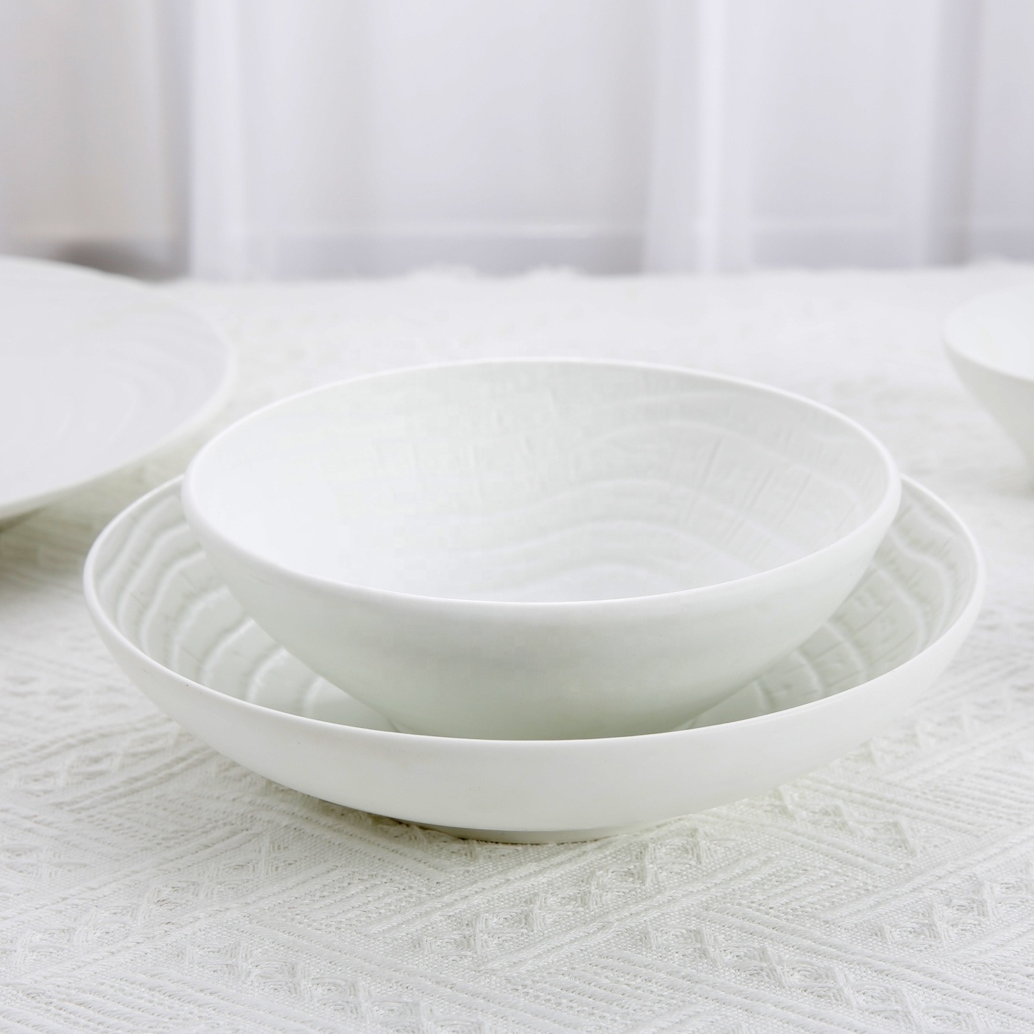 Simple Hotel Restaurant Tableware Plates and Bowls Set Round Annual Ring Glaze White Ceramic Porcelain Dinnerware