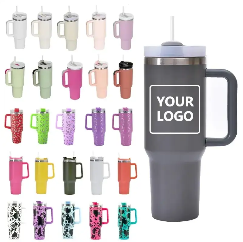 Custom logo stainless steel double wall vacuum metal sublimation travel coffee mug 40oz 40 oz tumbler with handle and straw