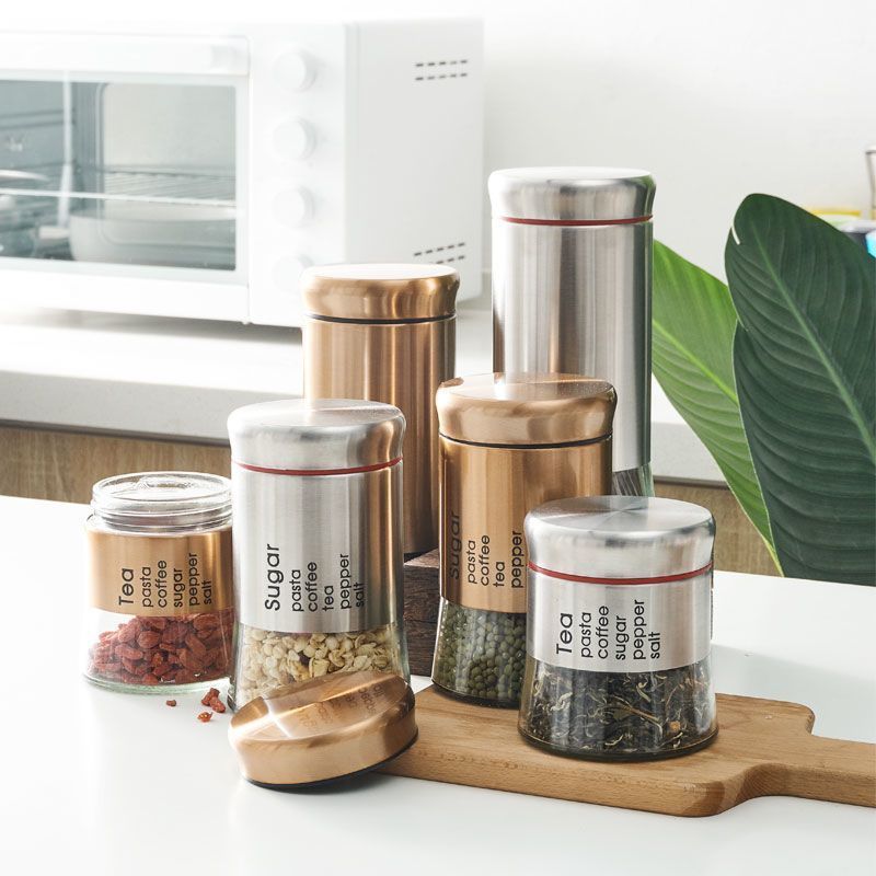 Wholesale Kitchen stainless steel storage jar visual glass sealed can grain can tea container food storage jar with screw lid