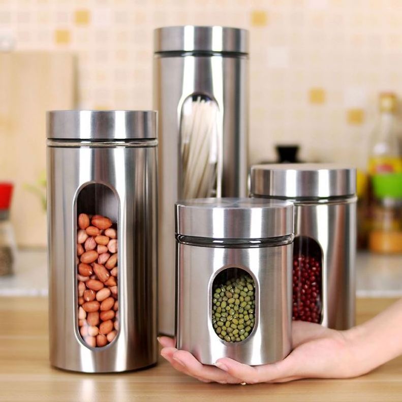 Wholesale Kitchen stainless steel storage jar visual glass sealed can miscellaneous grain can tea container food storage jar