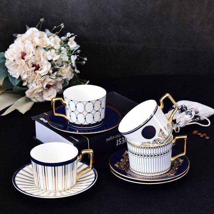 Wholesale Moroccan style reusable bone china cup and saucer gold rim ceramic coffee cups Cappuccino Afternoon Tea Cup 200ml