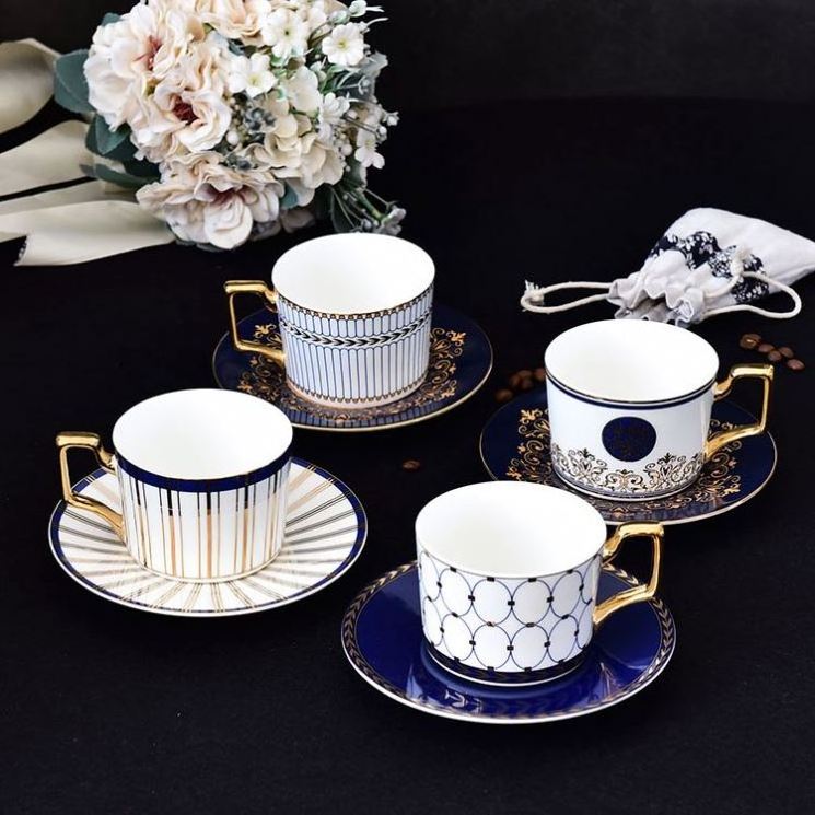 Wholesale Moroccan style reusable bone china cup and saucer gold rim ceramic coffee cups Cappuccino Afternoon Tea Cup 200ml