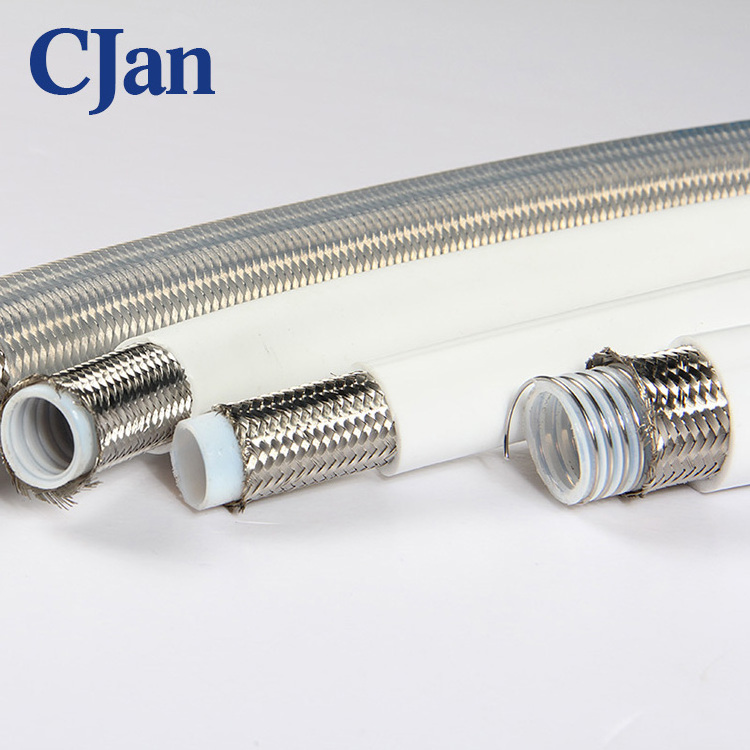 White Silicone Cover Convoluted PTFE Hose with external vacuum wire for corrosive chemicals, hot air, hot oil