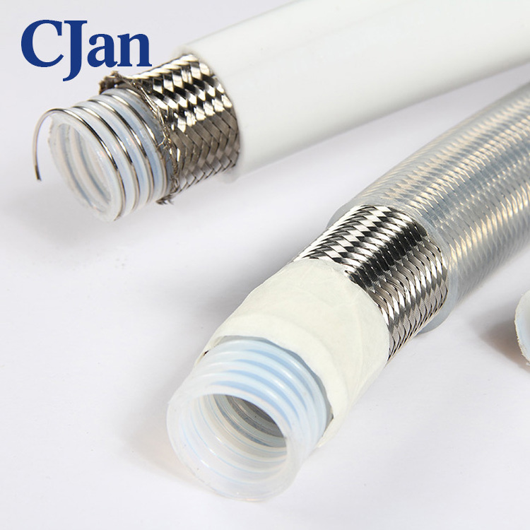 White Silicone Cover Convoluted PTFE Hose with external vacuum wire for corrosive chemicals, hot air, hot oil