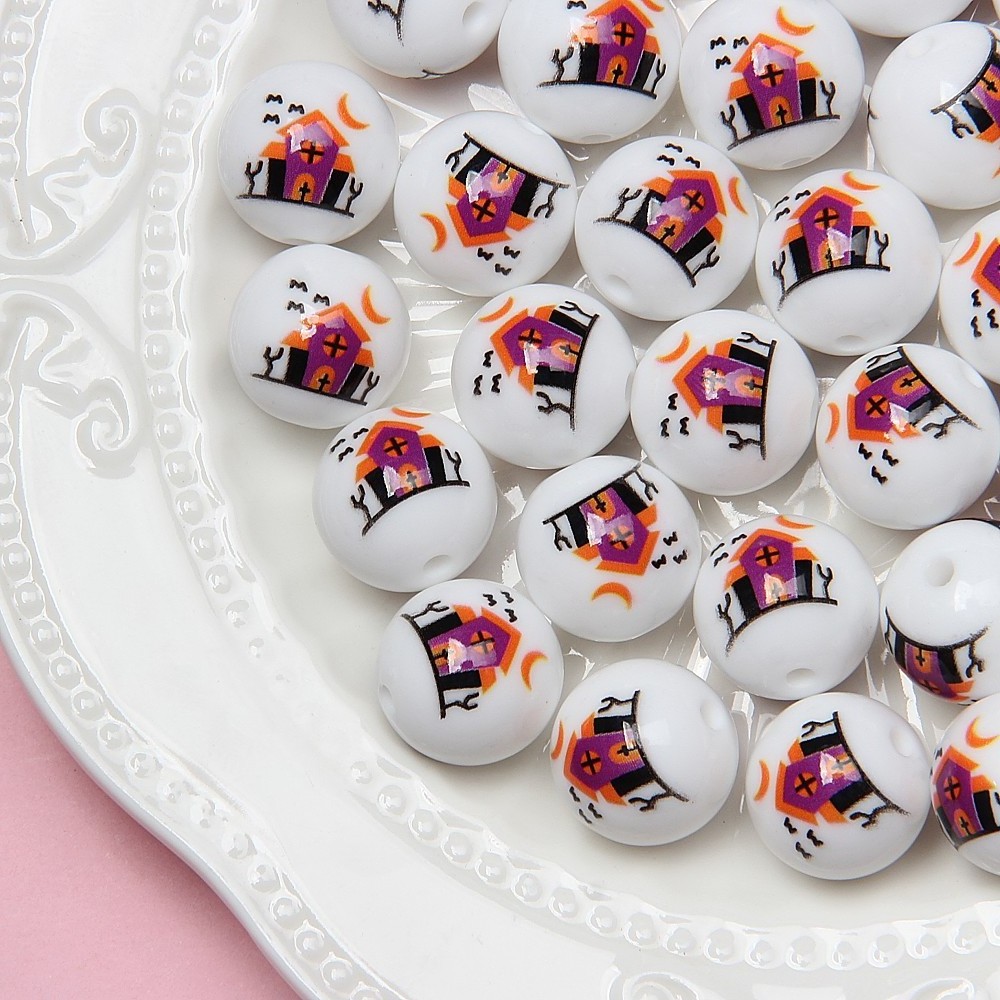 New design halloween pumpkin hand painted beads wholesale acrylic round hand painted beads for jewelry making