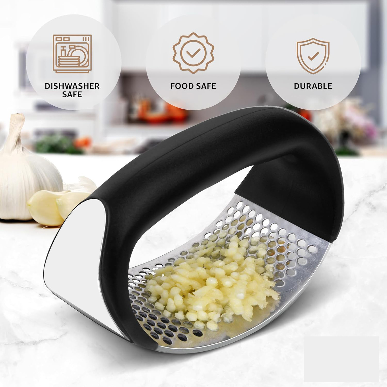 304 Food Grade Garlic Crusher ABS Handle Stainless Steel Garlic Press Mincer and Crusher Rocker