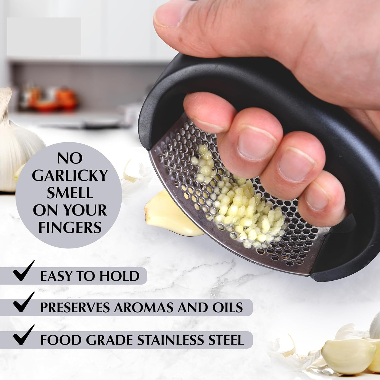 304 Food Grade Garlic Crusher ABS Handle Stainless Steel Garlic Press Mincer and Crusher Rocker