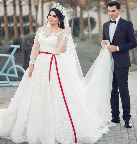 Red And White Applique Plus Size Long Sleeve Wedding Dress Bridal Gown