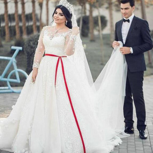 Red And White Applique Plus Size Long Sleeve Wedding Dress Bridal Gown