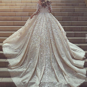 Imperial Lace Pearls Long Sleeve Ball Gown Bridal Weeding Dress