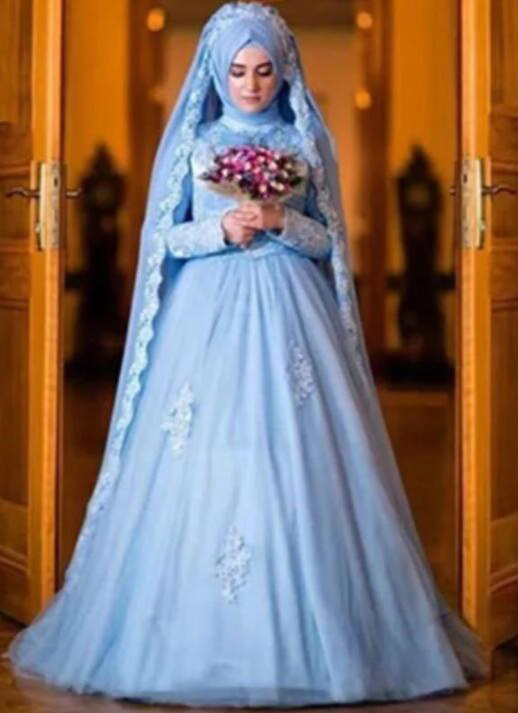 Classic Baby Blue Saudi Arabia Hijab Colorful Muslim Wedding Dress