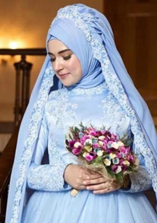 Classic Baby Blue Saudi Arabia Hijab Colorful Muslim Wedding Dress