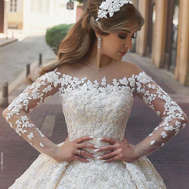 Imperial Lace Pearls Long Sleeve Ball Gown Bridal Weeding Dress