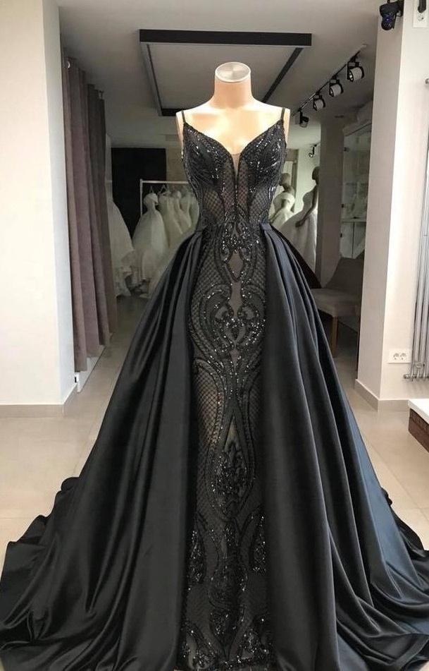 Asian Black Long Banquet Spaghetti Strap Pattern Evening Dress