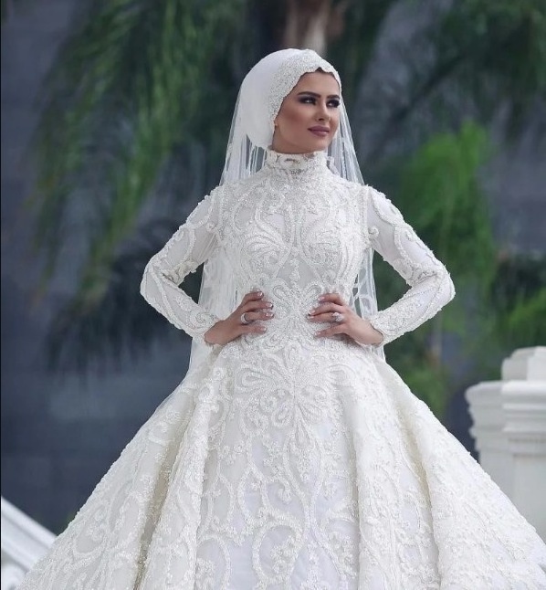 Fashion MusLim Hijab Long Sleeve High Neck Arabic Wedding Dress