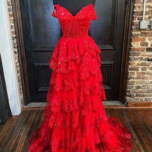 High Quality Wholesales V Neck Lace Sequin Ruffles Split Leg Black Red Long Gown Evening Dress