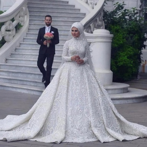 Fashion MusLim Hijab Long Sleeve High Neck Arabic Wedding Dress