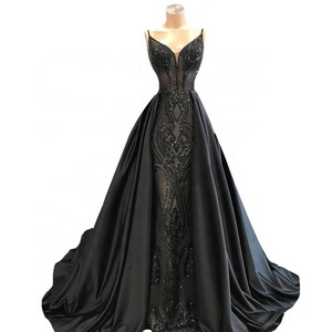 Asian Black Long Banquet Spaghetti Strap Pattern Evening Dress