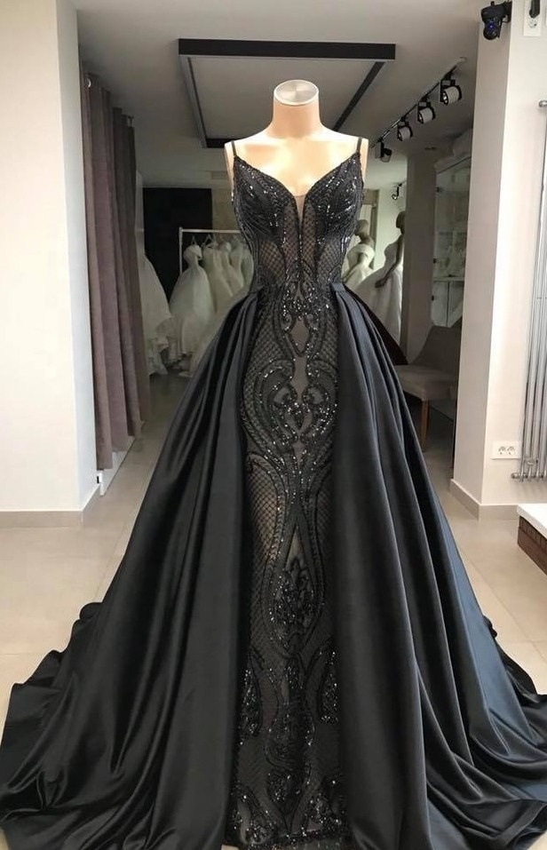 Asian Black Long Banquet Spaghetti Strap Pattern Evening Dress