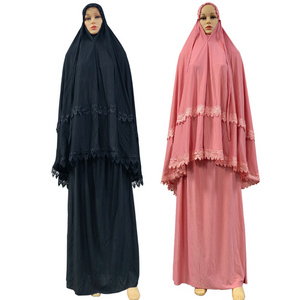 Muslim New Traditional Women Solid Color Black Green White Everyday Prayer Abaya Dress Set Lace Long khimar Hijab and Skirt Suit