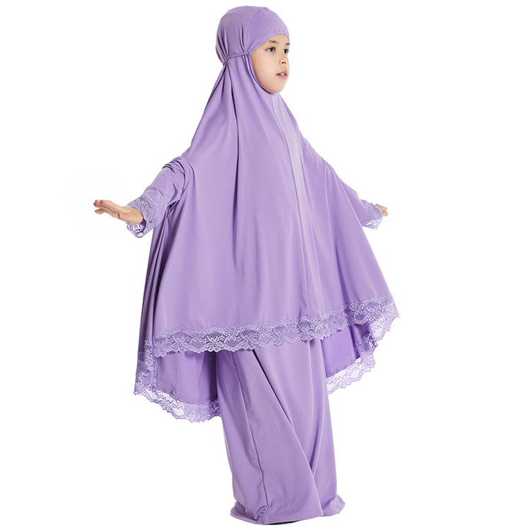 Muslim Kids Girls Hijab Dress Overhead Eid Ramadan Khimar Skirt Prayer Garment Islam Jilbab Burqa Abaya Robe Kaftan Hooded Gown