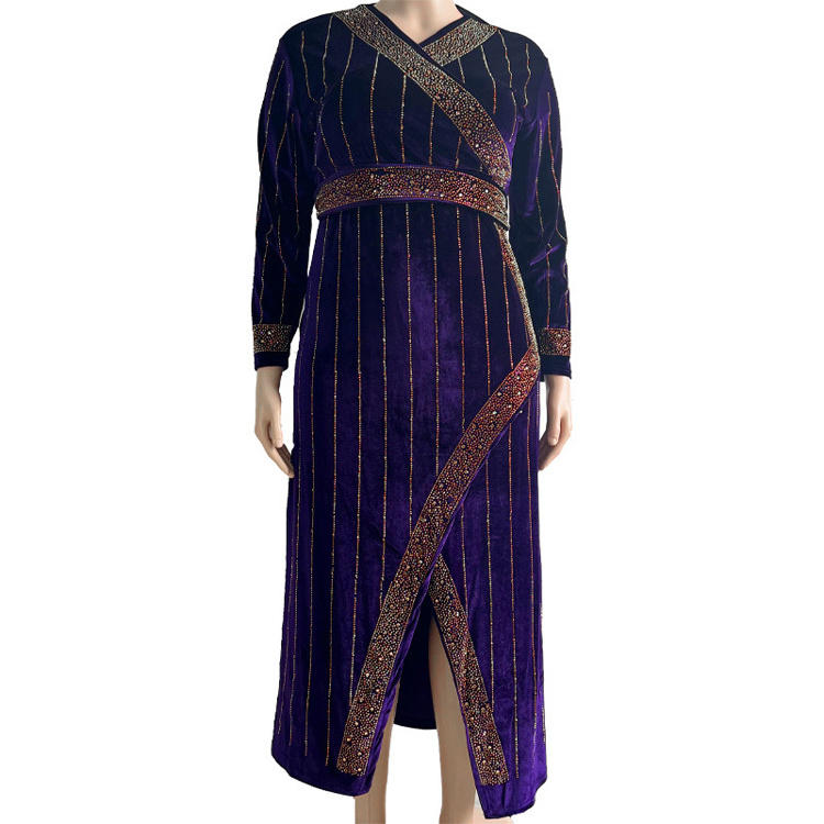 New Purple Beaded Diamond Robe Velvet Elastic Slit Dress Ladies Muslim Costume Banquet Party Abayas For Women Dubai Eid Abaya