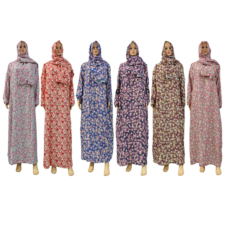 Newest Cotton Abaya Muslim Dress Hijab Scarf Robe Dubai Turkey Prayer Clothing Women Floral Loose Robe Middle East African Dress