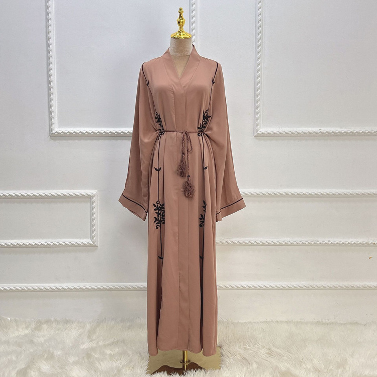 Womens Embroidered Dubai Style Open Robe Muslim Dresses Abaya Spring Summer Party Dress Arab Solid Color Kimono Abaya Gown