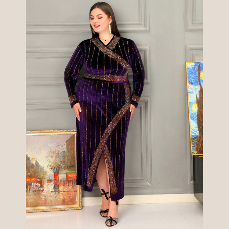 New Purple Beaded Diamond Robe Velvet Elastic Slit Dress Ladies Muslim Costume Banquet Party Abayas For Women Dubai Eid Abaya