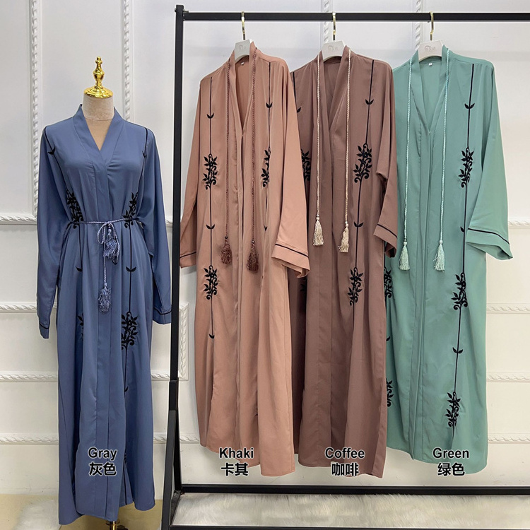 Womens Embroidered Dubai Style Open Robe Muslim Dresses Abaya Spring Summer Party Dress Arab Solid Color Kimono Abaya Gown