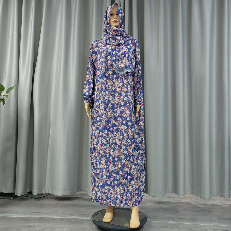 Newest Cotton Abaya Muslim Dress Hijab Scarf Robe Dubai Turkey Prayer Clothing Women Floral Loose Robe Middle East African Dress