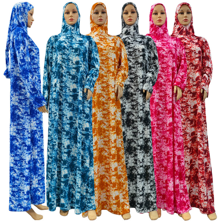 Hot Model African Dakar Muslim Womens Tie Dyeing Print Hooded Abaya Thioup Prayer Gowns Kaftan Dress Hijab Dubai Saudi Robe