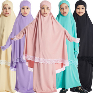 Muslim Kids Girls Hijab Dress Overhead Eid Ramadan Khimar Skirt Prayer Garment Islam Jilbab Burqa Abaya Robe Kaftan Hooded Gown