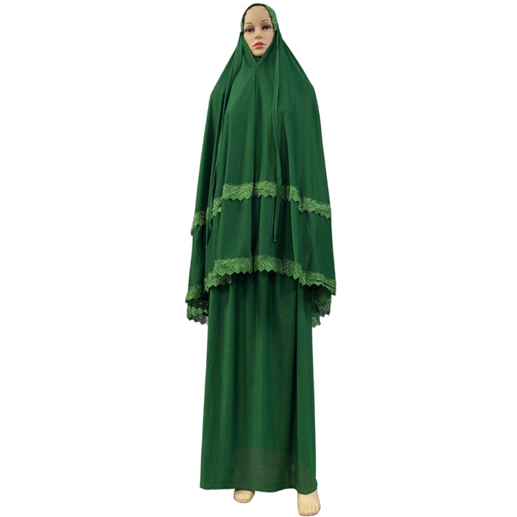 Muslim New Traditional Women Solid Color Black Green White Everyday Prayer Abaya Dress Set Lace Long khimar Hijab and Skirt Suit