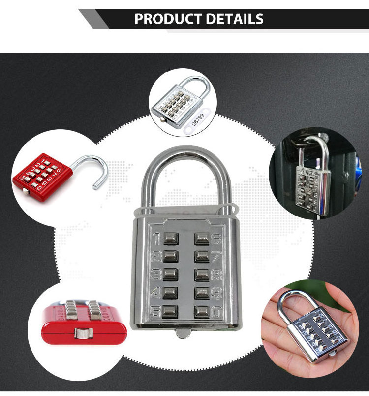 Lock factory produce press number sliver password 10 Push button padlock