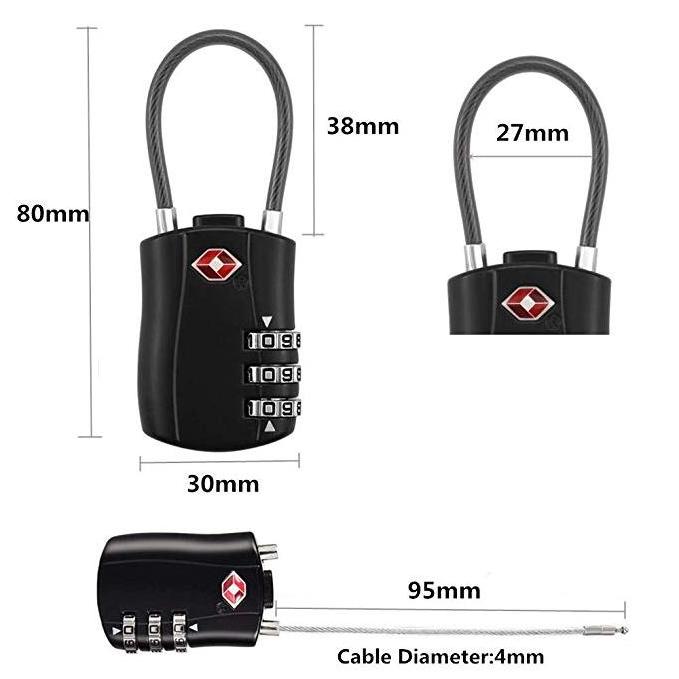 Hot sell TSA 527 TSA safe lock zipper lock for bag TSA padock 3 digit cable combination lock