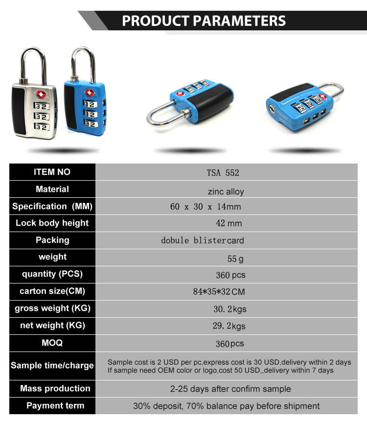 TSA-552 Lower Price Wholesale padlock USA tsa lock 3 digit combination lock