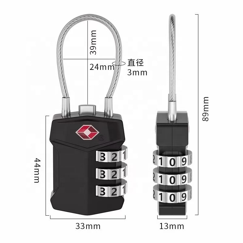 2023 latest design TSA Approved 3 digit cable padlock Travel Luggage Suitcase Locks for School Gym Suitcase Baggage