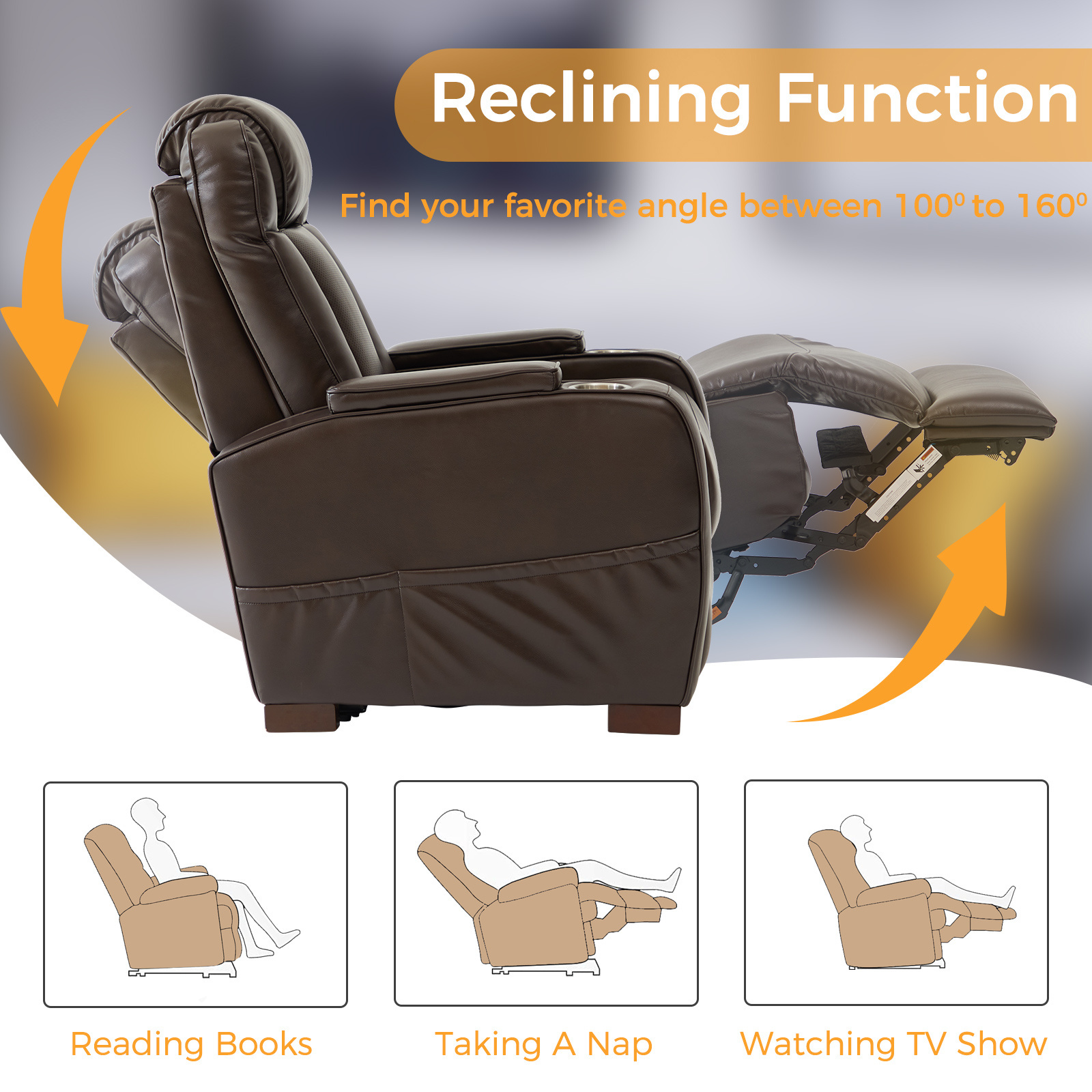 Theater Seating Sofa Power Recliner Chair with Adjustable Headrest  with USB Charging Port and 2 Cup Holders Home Cinema Chair