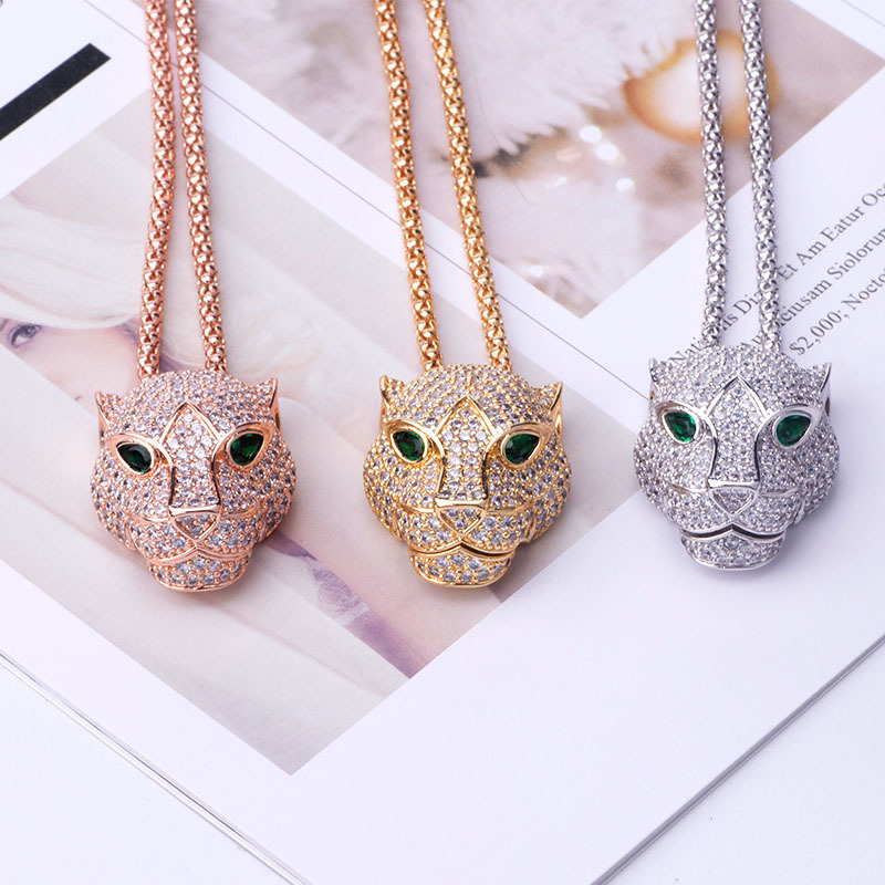 C&J 4 Colors Retro 18K Gold Plated Bling Crystal Rhinestone Diamond Zircon Leopard Necklace For Party