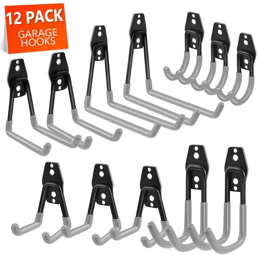 Garage Hooks 4 Pack Wall Mount Storage Hanger with 2 Extension Cord Holder Organizer Heavy-Duty 7.5 inch Long Hooks for Ladder