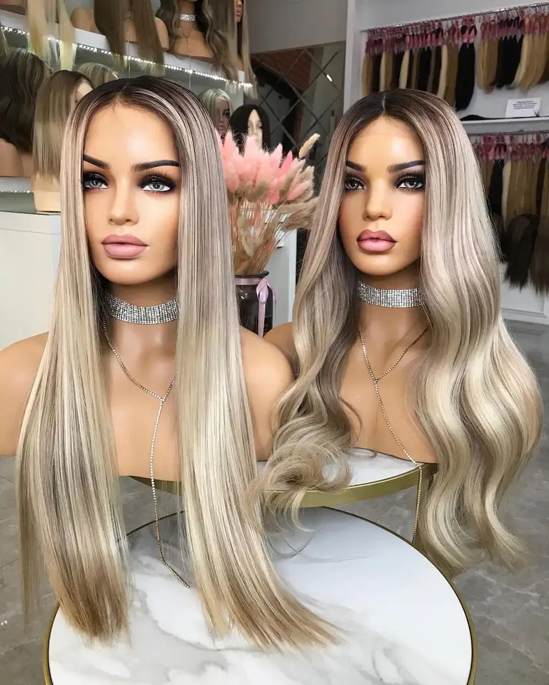 European Human hair Wig Highlights Blonde Platinum Color Transparent LaceWigs Full Lace Wig For White Women