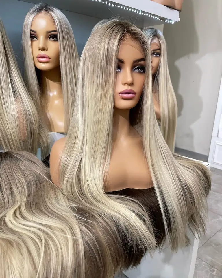 European Human hair Wig Highlights Blonde Platinum Color Transparent LaceWigs Full Lace Wig For White Women