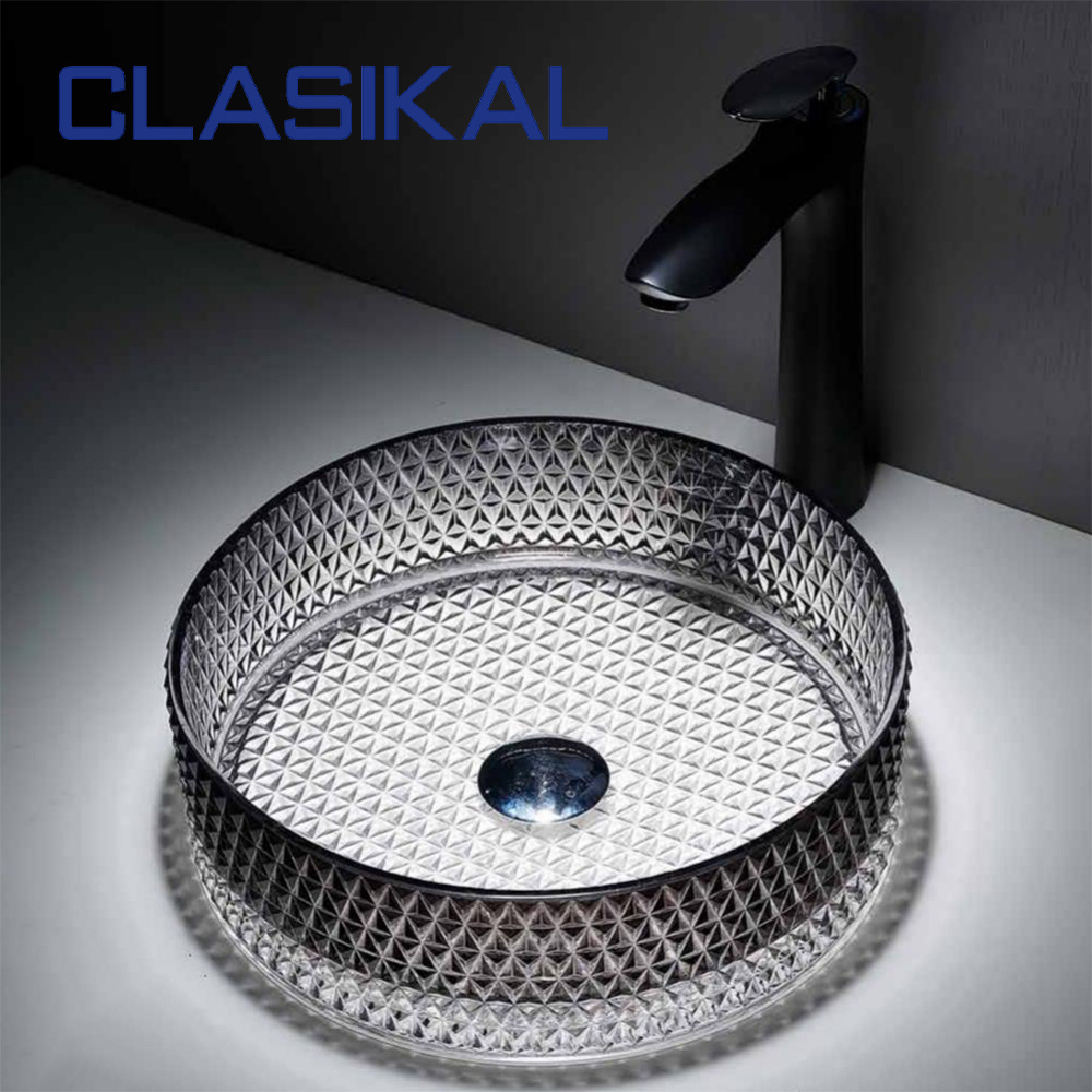 CLASIKAL  Modern Bathroom Counter Wash Basin Black Glass Crystal Basin