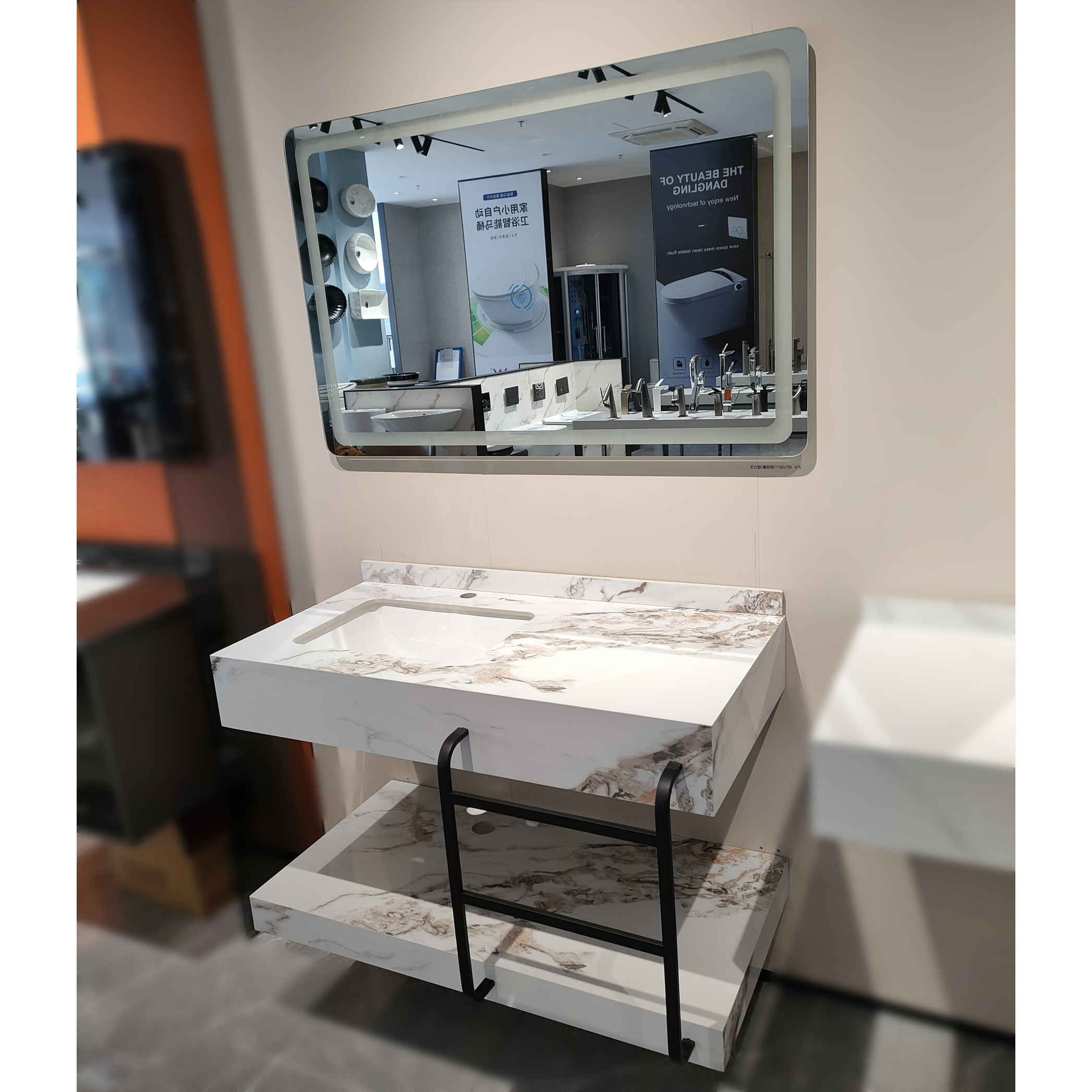 CLASIKAL Factory direct sales suspended rock slab ceramic bathroom cabinet with LED mirror and stainless steel storage rack